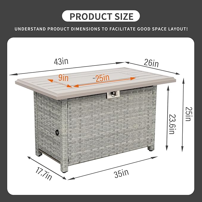 Outdoor Propane Fire Pit 43 Inch PE Wicker Patio Firepit Table with Fire Glass and Wind Guard for Outside Parties and Gatherings on Garden Backyard Porch