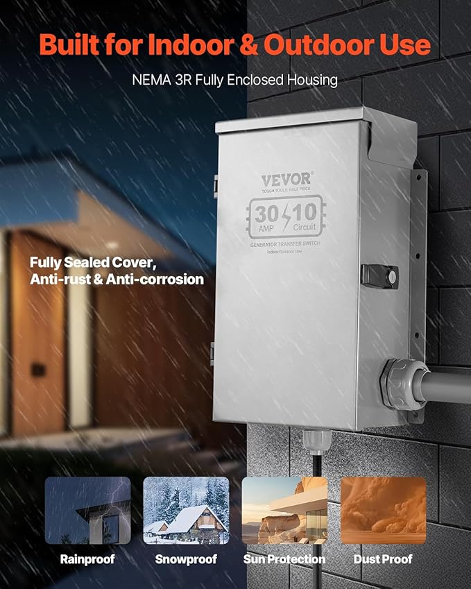 VEVOR Manual Transfer 30-Amp 10-Circuit Prewired Generator Transfer Kit with NEMA L14-30P Power Inlet Box Double-Throw NEMA 3R Mechanical Watt Meter for 7500W Generators
