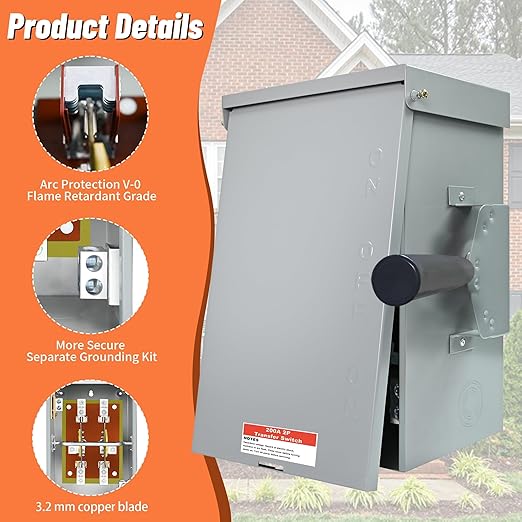 200 Amp Generator Transfer Switch 120/240V 48000W Manual Transfer Switch for Home Generator with Neutral Terminal for Outdoor and Indoor Multiple Security Protections (200A-2 Pole)