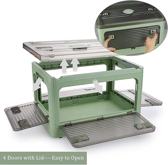 Folding Storage Bins 36 Liters 2 Pcs Green Plastic Storage Containers with Wheels Four Doors Foldable Stackable Plastic Box with Lids for Organization Storage Cart