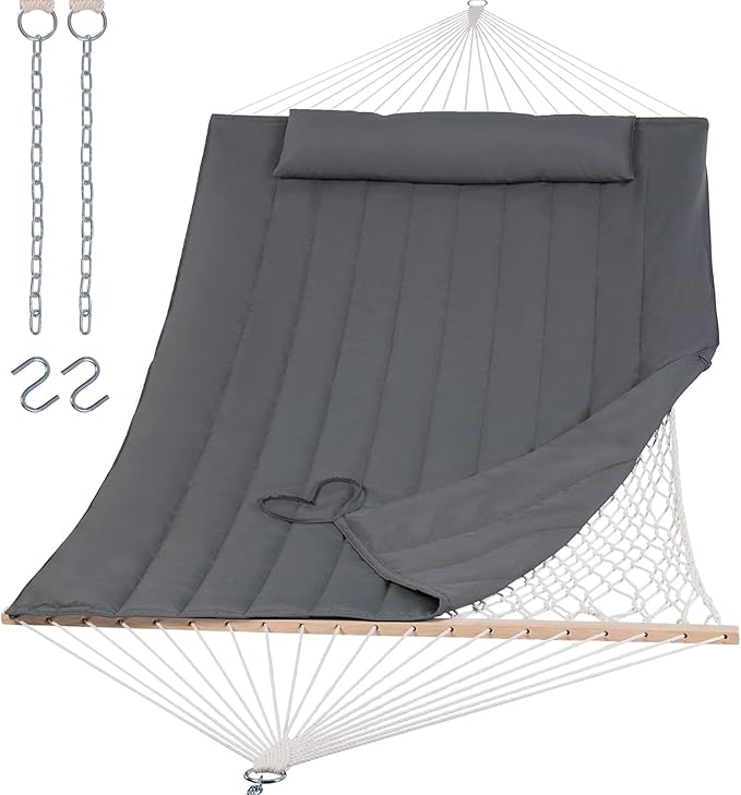 SUNCREAT Hammocks 2 Person Hammock with Hardwood Spreader Bar Double Rope Hammock with Polyester Pad Dark Gray