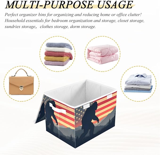 Storage Cube with Lid American Sasquatch Print 16.5×12.6×11.8 IN Collapsible Large Capacity Foldable Storage Basket Bin Organizer
