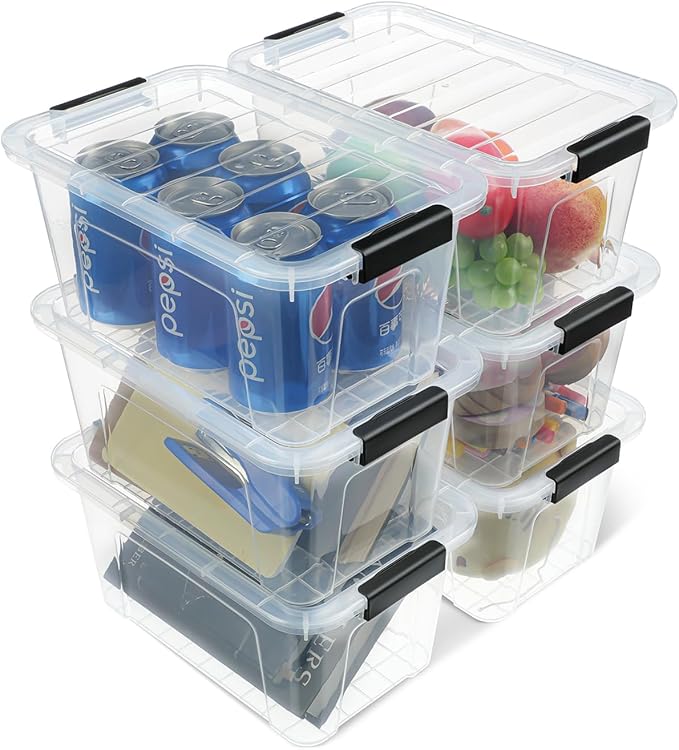 EOENVIVS 6 Pack Clear Storage Bins with Black Buckle and Handle Lids and 6 Pack Clear Storage Bins with Buckle Llids 7 Quart