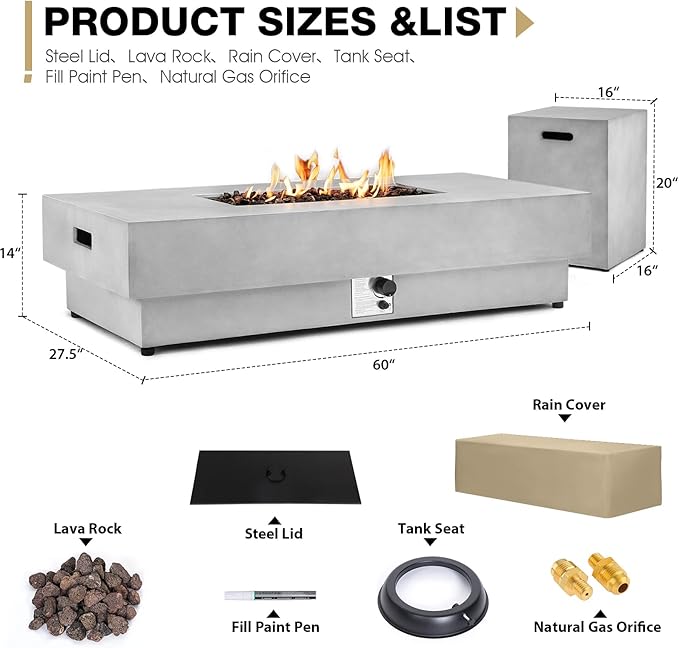 60-inch Outdoor Propane Fire Pit Table Set - 2-Piece 50000 BTU Concrete Large Rectangular Fire Table with Lid Propane Tank Table Lava Rocks Rain Cover - Perfect Firepit for Outdoor Use