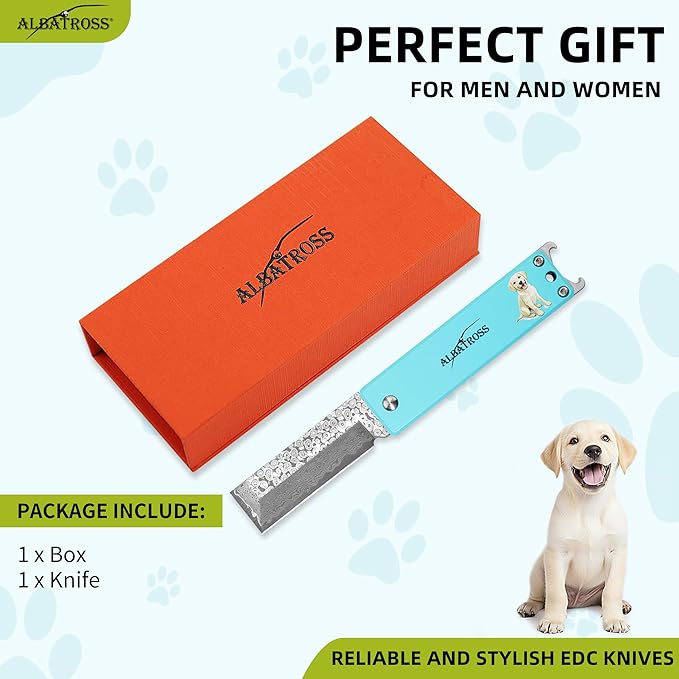 ALBATROSS Blue Damascus Cute Dog Pattern Pocket Knife - Stocking Stuffer for Men 3.5 Titanium Alloy Box Cutter - EDC Keychain Gadgets with Bottle Opener Mothers Day Fathers Day Gift for Dog Lovers