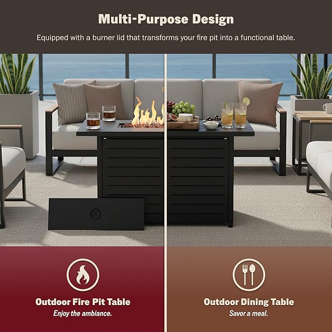Kinger Home 42-Inch Ore Outdoor Propane Fire Pit Table 50000 BTU Powder-Coated Stainless Steel Patio Firepit with Lava Rocks Black