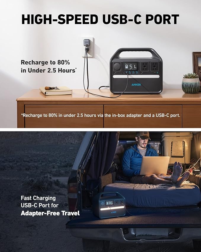 Anker 536 Portable Power Station with Anker Carrying Case Bag 508Wh Solar Generator (Solar Panel Optional)500W 9-Port Powerhouse 4 AC Outlets 60W USB-C PD Output LED Light for Outdoor Camping