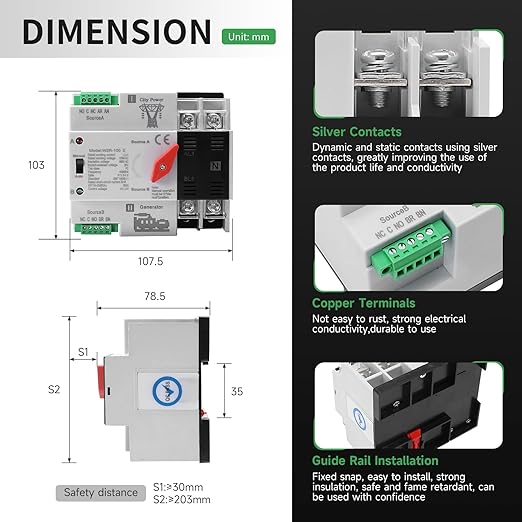 Mini ATS Automatic/Manual Transfer Switch 2P 125A AC220V 2POLE 125amps ATS Dual Power Transfer Switch for Home Generator Din Rail Mounted 220V Manual Transfer Switches Fast Transfer
