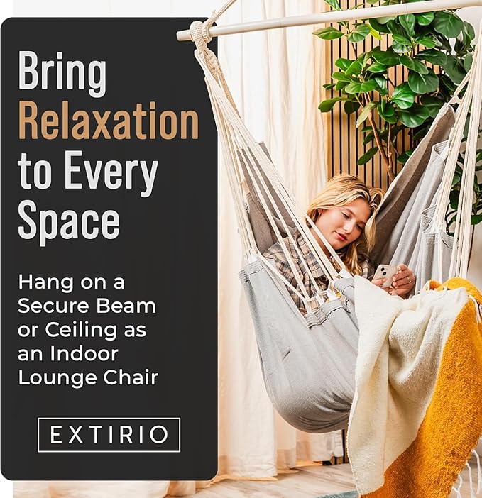 Hanging Hammock Chair Swing – Hanging Chair Outdoor &amp Indoor - Hammock Swing Chair – Quick &amp Easy Setup with Hardware Kit – Durable &amp Spacious Full Body Support with 2 Plush Cushions – Hol