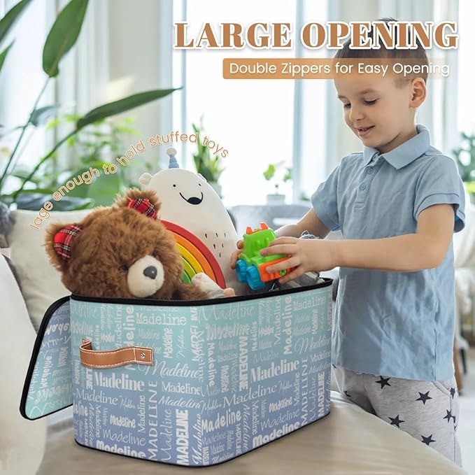 Custom Storage Basket with Name Personalized Keepsake Box with Zipper Lid Foldable Fabric Memory Bin Large capacity with Handle Green Blue Gradient