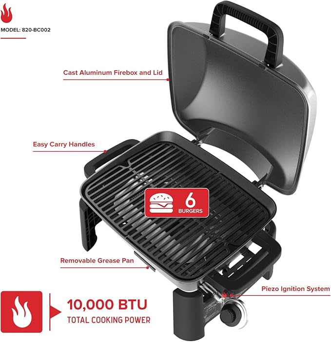 Nexgrill 1-Burner Portable Propane Gas Grill with Lid Piezo Ignition 10000 BTUs 183 SQ In Compact Tabletop Grill for Outdoor Cooking Camping Tailgating Gardens Patios and More - 820-BC002