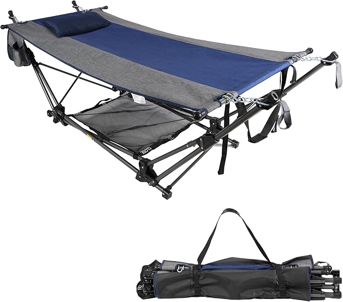 RedSwing Portable Folding Hammock with StandFoldable Camping Hammock with Removable PillowStorage NetFoldable Lounge Camping Bed for Adults for OutdoorBackyardBeachGardenLawn