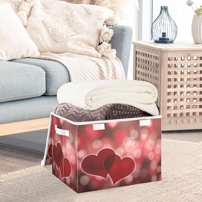 senya Valentines Baskets Collapsible Storage Bins with Lids Hearts Bokeh Effect Storage Boxes Clothes Baskets for Organizing