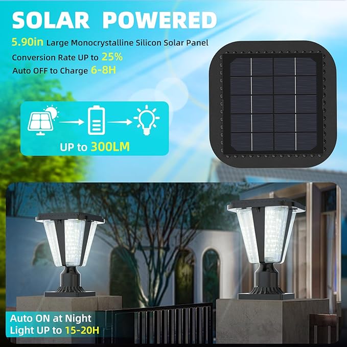 Lovus Solar Post Lights with Pier Mount Base 6000K Cold White Solar Lamp Post Light IP65 Waterproof Dusk to Dawn LED Outdoor Column Lights 400LM Pole Light for Pillar Garden Yard Gate 2 Pack