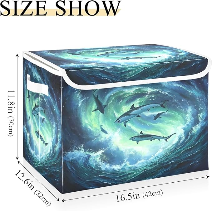 MNSRUU Containers Baskets with Lids Aurora Shark Fabric Foldable Storage Bins Organizer with Lid Collapsible Storage Boxes for Home Bedroom Closet Office