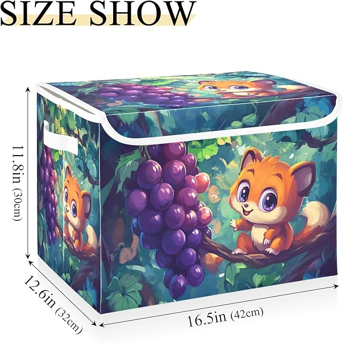 Collapsible Storage Bins with Lids Decorative Fabric Storage Cubes Closet Organizer and Storage Basket Boxes Containers for Clothes Box Chest Nursery Folding Rectangle Cute Grape Fox