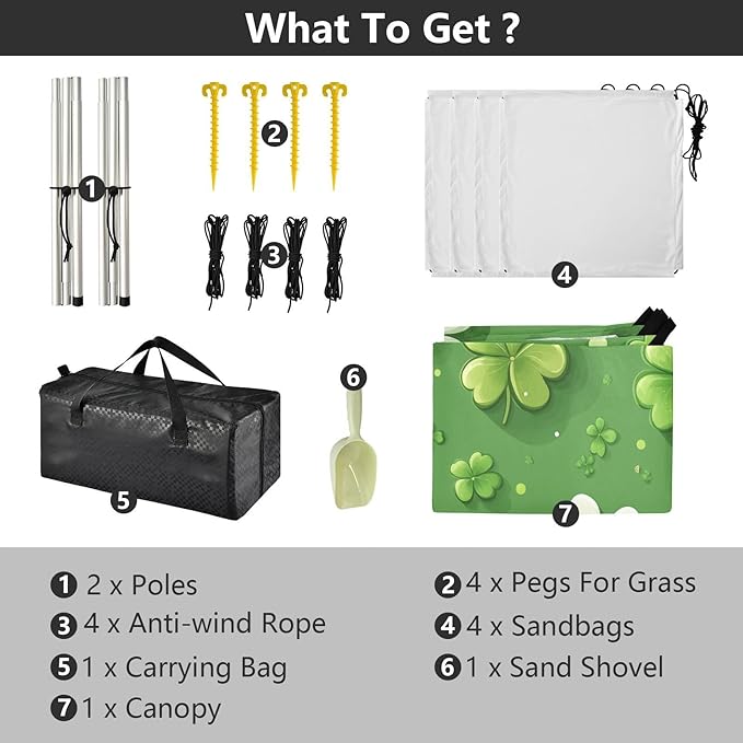 St Patrick's Day Clovers White Green Beach Tent Sun Shelter Set UPF50+ UV Protection 10.5 x 9.19 FT Camping Shade Canopy with Sandbags Sand Anchors Carrying Bag and Others