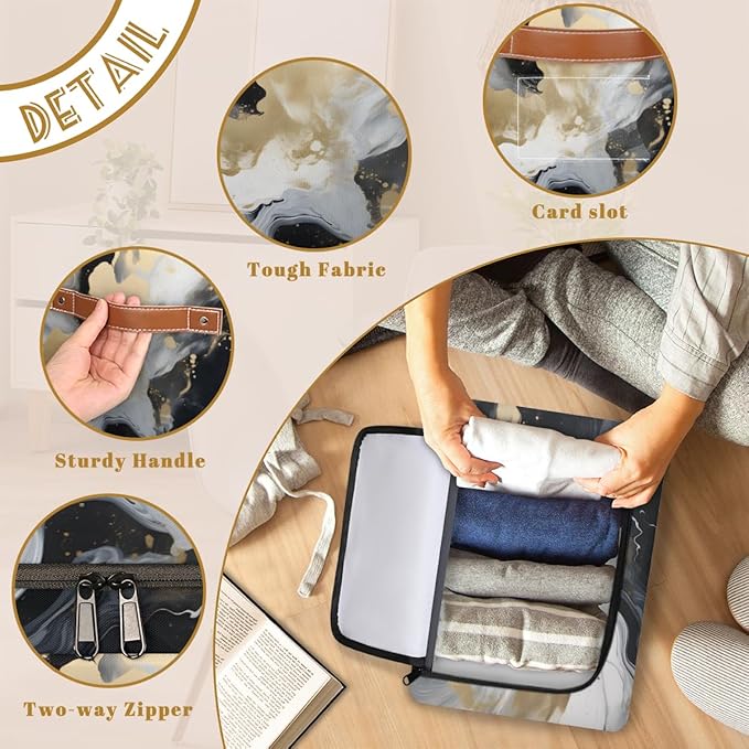 Marble Storage Bins with Zipper Lid Black Gold Marble Fabric Lidded Storage Baskets Cubes with Handles Decorative Foldable Shelf Closet Organizer Container