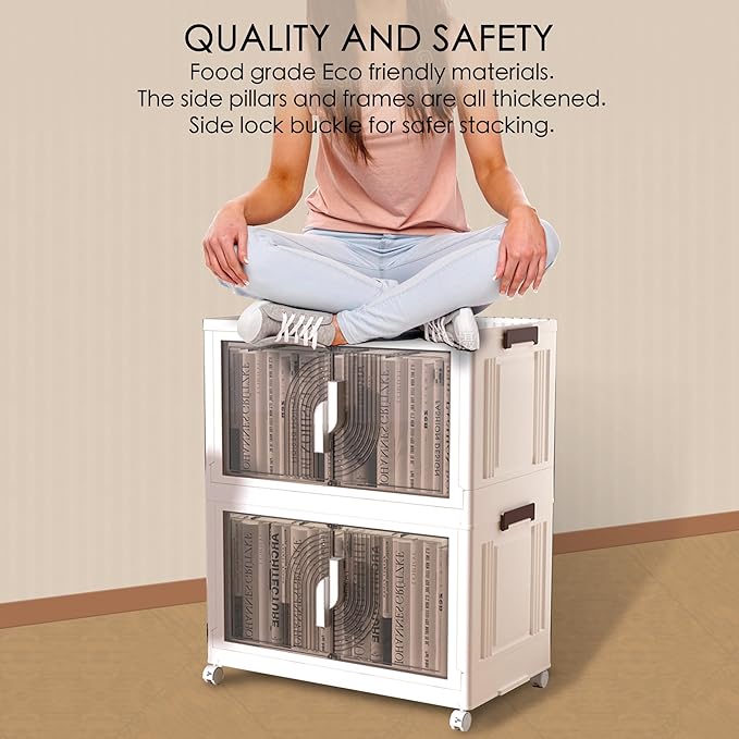 Kozyard Foldable Storage Bins with Lids Stackable Storage Bins with Doors and Wheels Magnetic Dual-Opening Doors Storage Containers for Bedroom Living Room Closet Laundry (White-3Pack)