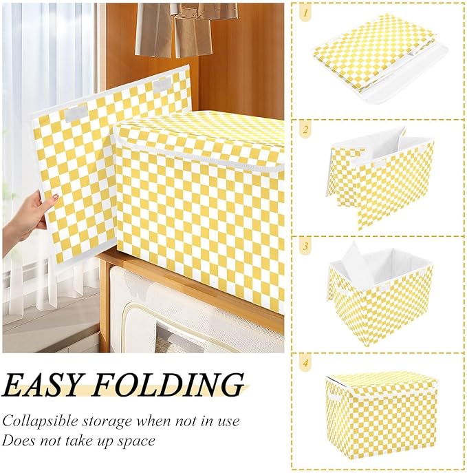 Yellow Checkerboard Storage Baskets Lidded Bin Foldable Storage Boxes Cubes Lids with 2 Handles for Organizing Closet Home Office