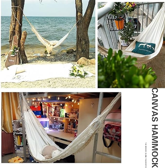 Portable Hammock Portable Hammock White Canvas Single Person Hammock Swing Bed Hanging Chair Lounger Brazilian Macrame Fringe Hammock for Backpacking Beach