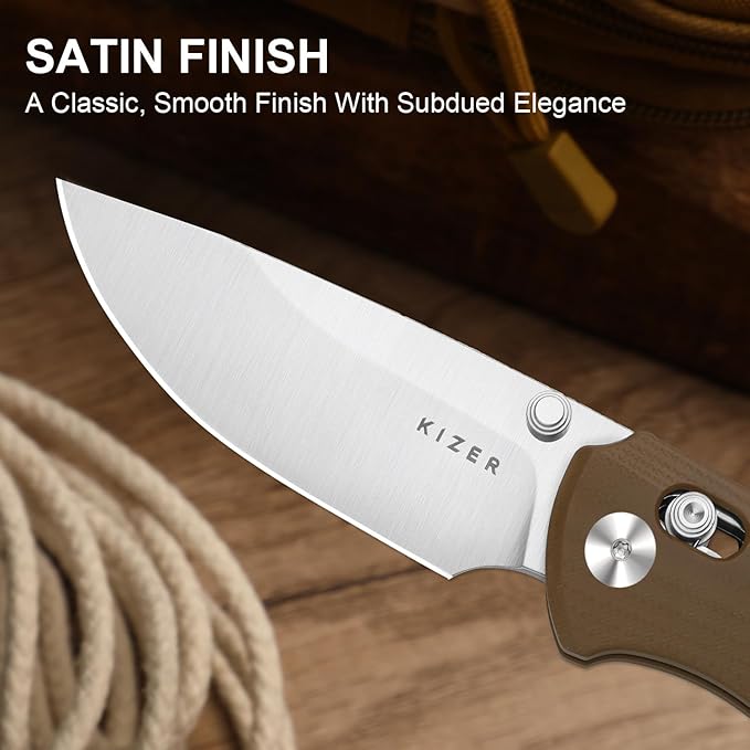 Kizer T1 CD EDC Pocket Knife 3.2 Nitro-V Steel Drop Point Folding Knives with Brown G10 Handle Sided Thumb Studs Opener Clutch Lock for Camping Hiking Fishing V3490.2CA2