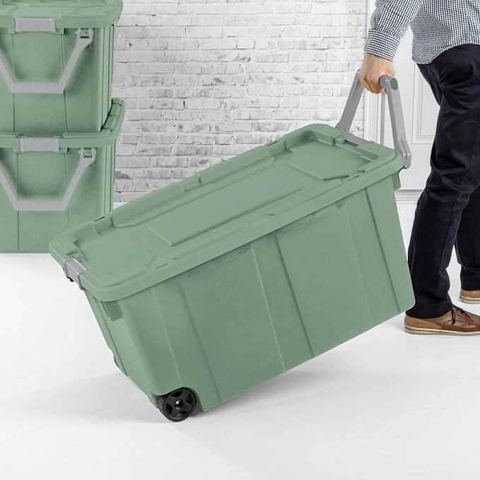 40 Gallon Wheeled Industrial Tote Rugged Plastic Storage Bin Latch Lid Light Green 2 Count