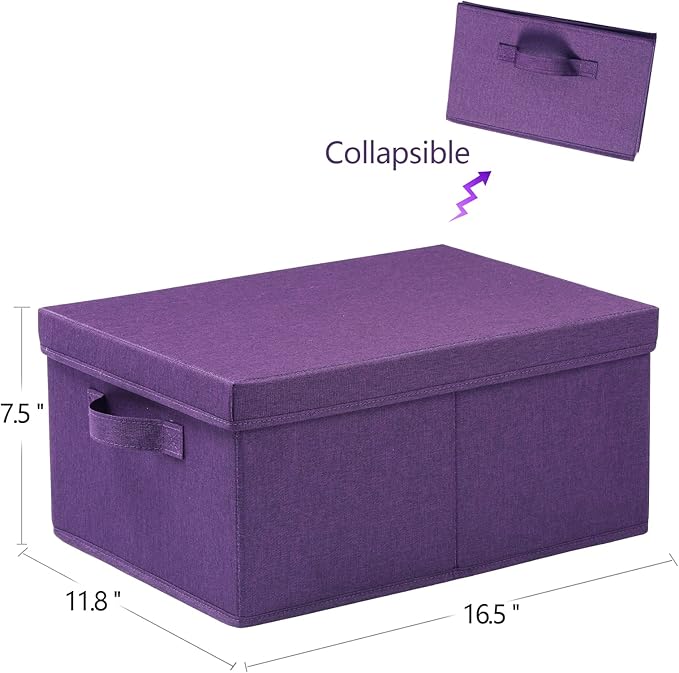 HOONEX Storage Bins with Lids for Organizing Pack of 2 Storage Boxes with 2 Carry Handles and Sturdy Heavy Cardboard 16.5 L x 11.8 W x 7.5 H for Shoes Books Clothes Nursery Dark Purple