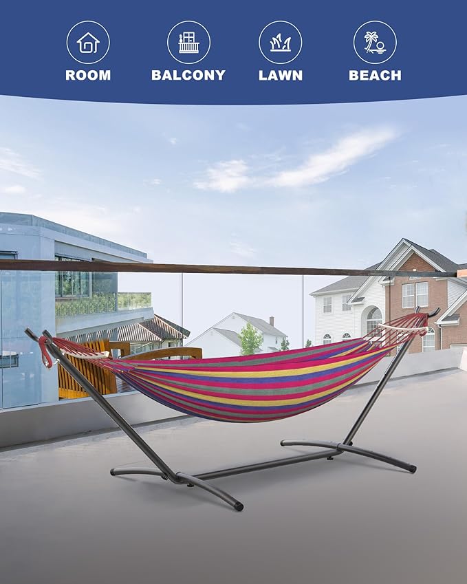 EveryFun Double Hammock with Heavy-Duty Steel StandPortableEasy Assembly600lbs Weight CapacitySuit for IndoorYardCampingor Outdoor-Wide Red