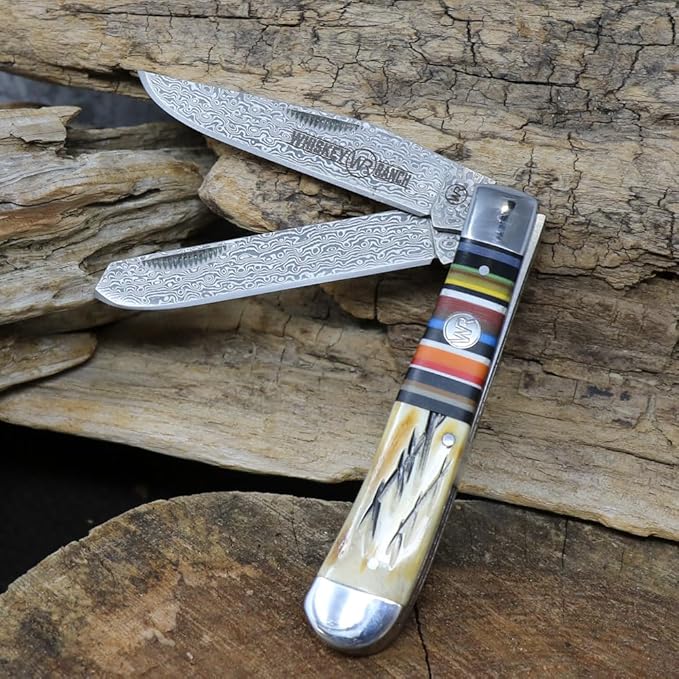 WHISKEY BENT HAT CO. Traditional Trapper Folding Pocket Knife 4.125 Closed Length 440C Stainless Steel Blades (Bandito - Damascus Blades)