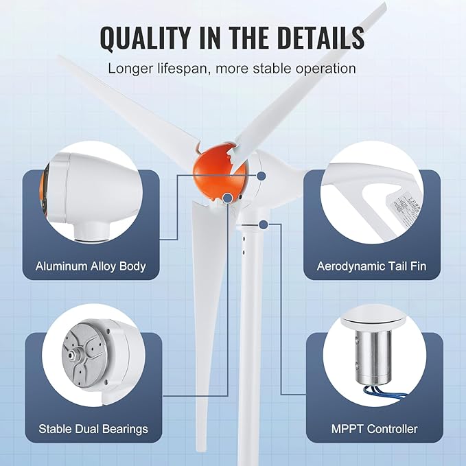 VEVOR 500W Wind Turbine Generator 12V Wind Turbine Kit with MPPT Controller 3-Blade Wind Power Generator with Adjustable Windward Direction 2.5m/s Start Wind Speed for RVs Boats Home Farm