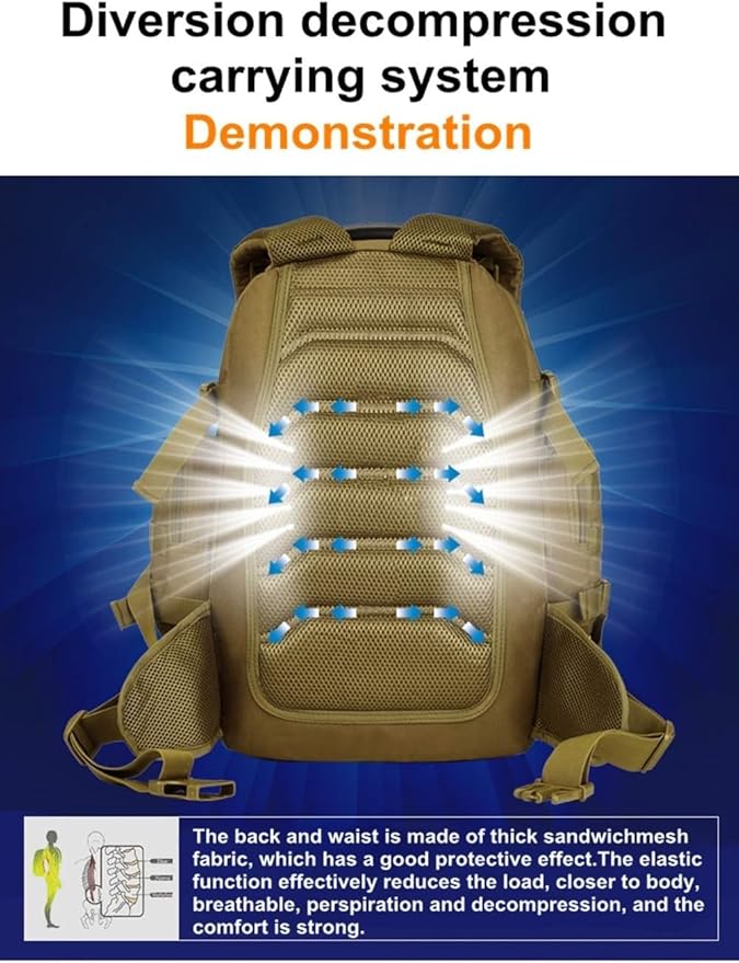 40L Tactical Military MOLLE Assault Backpack Pack 3 Way Modular Attachments Waterproof Large Bag Rucksack Sport(Khaki)
