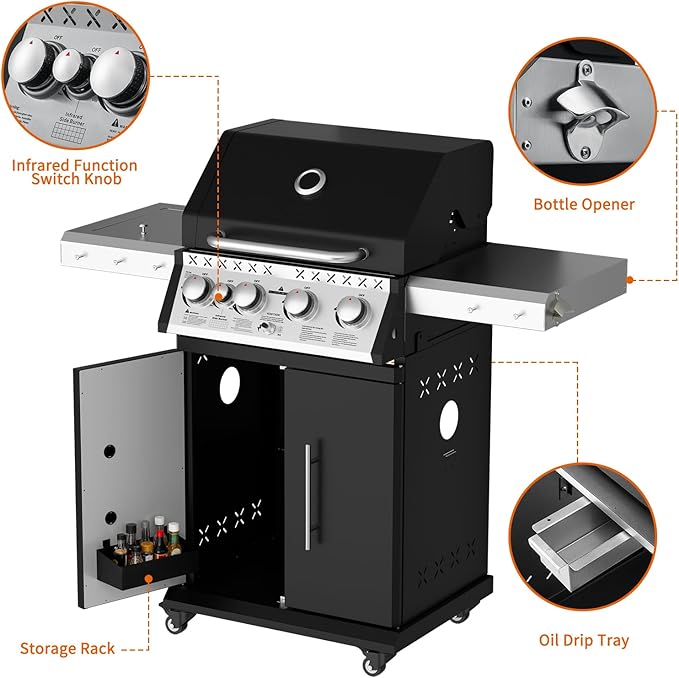 SKOK 4 Burner Propane Gas Grill with Infrared Side and Rear Burners Outdoor BBQ Grill with Cast Iron Grates Barbecue Grill with Wheels 60000BTU Output