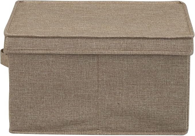 Household Essentials Large Fabric Storage Bins 2 Pack Soft Poly Linen with Sturdy Sides Attached Handle and Fully Removable Lid Brown