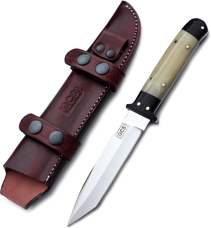 GCS Handmade Bone Handle D2 Tool Steel Tactical knife for Hunting Camping and Bushcraft with leather sheath &amp Full tang blade designed for Hunting &amp EDC GCS 15