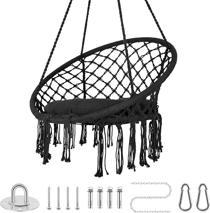 Hammock Chair Macrame Swing Cotton Rope Handwoven Hanging Chair 330 Pounds Capacity Macrame Tassels Hammock Swing for C-Hammock Stand Living Room Yard Garden Balcony (Black)