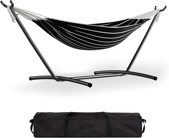 GarveeLife Double 2 Person Hammock Indoor Outdoor Standing Hammock with Space Saving Steel Stand Carry Bag 450 LBS Weight Capacity Suitable for Garden Camping Beach Onyx