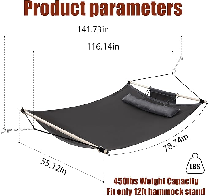 TegerDeger Anti-flip 12FT Hammock Large Hammock 450LB Capacity with Iron Spreader Bar &amp Nylon Rope for Outside Patio Garden Backyard Beach - Gray
