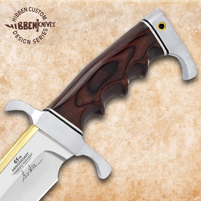 Hibben 65th Anniversary Spartan Bowie Knife| Includes Wooden Stand | 15 1/8 5Cr15 Blade | Dark Pakkawood Handle | Commemorative Display