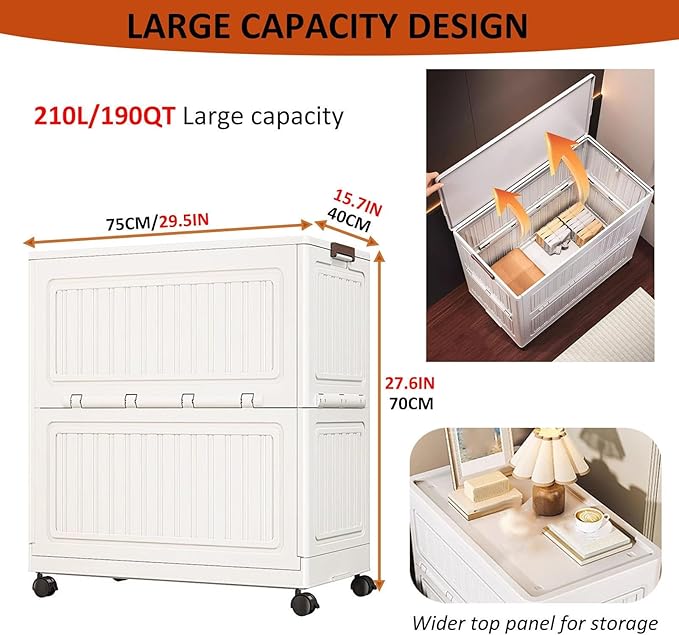 190QT Large Plastic Storage Bin With Lid And Wheels Folding Stackable Storage Box For Home Office Clothes And Blanket Organizer