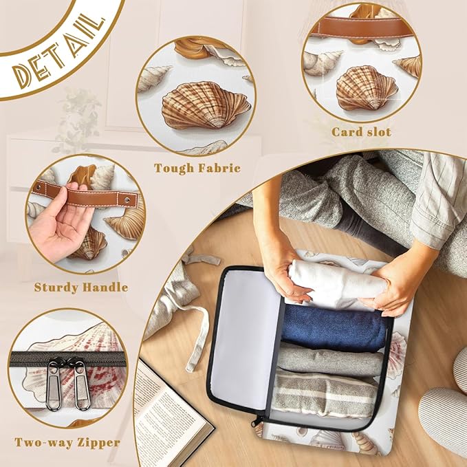 Seashell Storage Box with Lid Ocean Theme Collapsible Storage Bins Baskets Cubes Closet Shelf Clothes Organizer Containers with PU Leather Handles