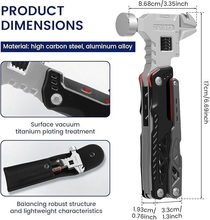 18-in-1 Multipurpose Tool Kit Survival Camping Gear &amp Fishing Gifts Multitool with Hammer Pliers Screwdriver and Pocket Knife for Dad Men(Black)