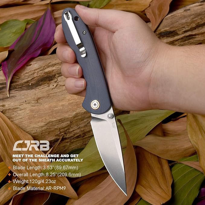 CJRB Folding Knife Feldspar Pocket Knife Stonewash AR-RPM9 Steel Blade G10 Handle EDC Knife Blue Handle-Large(J1912)