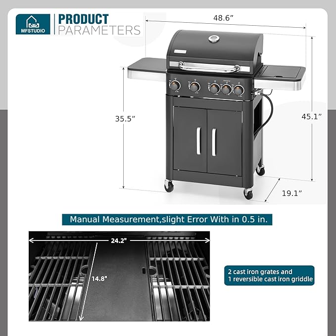 MFSTUDIO Propane Grills with Side Burner BBQ Grill Griddle Combo for Outdoor Cooking and Patio Backyard Barbecue with Porcelain-Enameled Cast Iron Grates Black