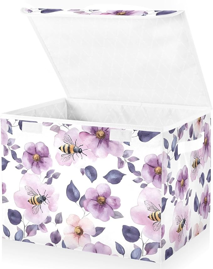 Bees Floral Storage Cube Bins Basket with Lid Collapsible Flip-top Fabric with Handle for Home Bedroom Closet Office 16.5×12.6×11.8 in