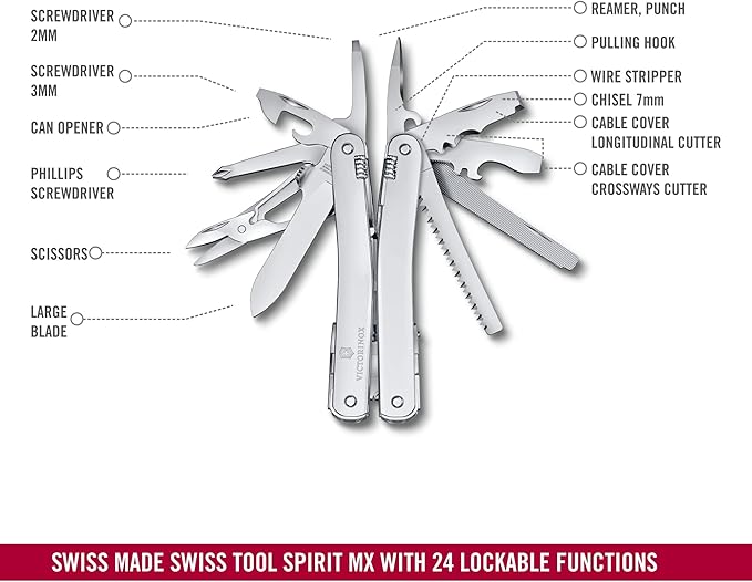 Victorinox Swiss Tool Spirit MX Swiss Army Knife 24 Function Swiss Made Multitool with Large Blade Pliers and Wire Cutter - Silver with Nylon Pouch