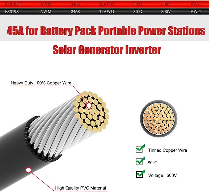 12AWG 50FT Solar to ADS Adapter Charge Cable for Solar GeneratorSolar Charge Controller and Portable Power Stations (12AWG 50FT Horizontal)