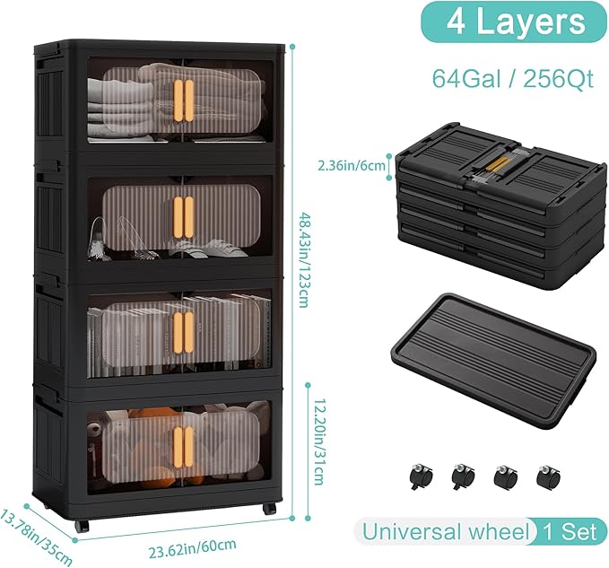 24 Side Wide Folding Storage Cabinet - Black 4-Tier Collapsible Storage Bin with Magnetic Door and Wheels for Living Room Kitchen Bedroom Garage