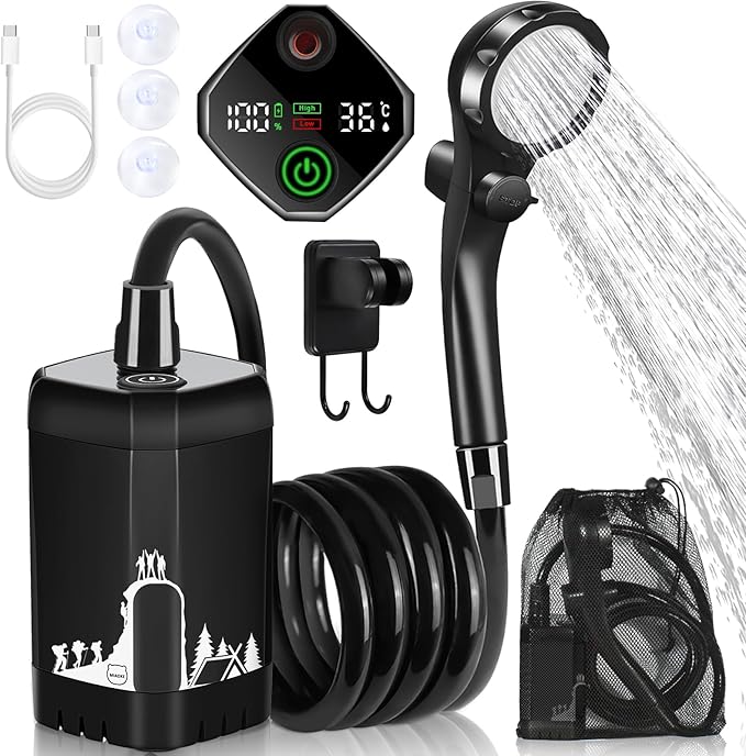 MIAOKE Upgrade Portable Camping Shower 7800mAh Outdoor Electric Shower Rechargeable Pump with Intelligent Digital Display Temperature Display Shower Head for Camping Hiking Traveling