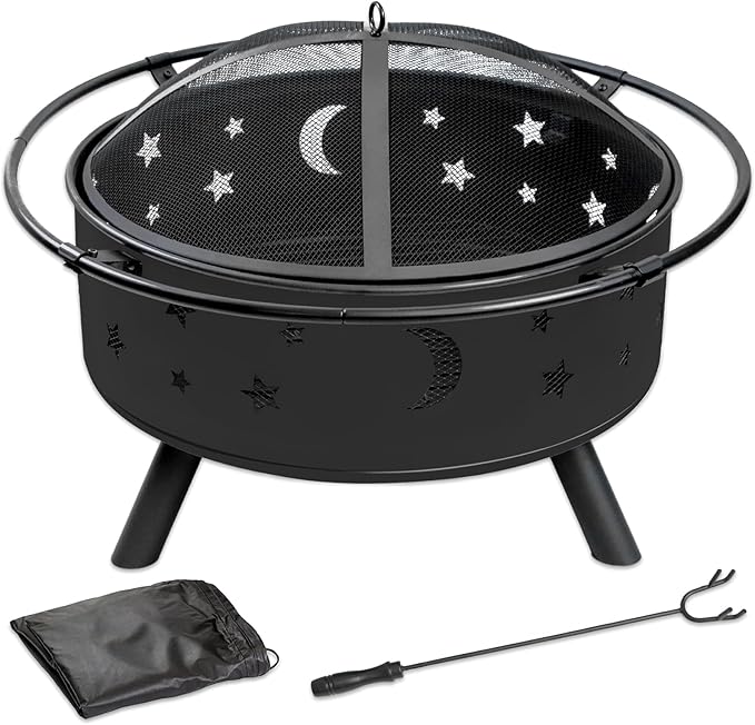 32 Inch Fire Pit Outdoor Fireplace 2 in 1 Metal Round Firepit for Outside Bonfire Party BBQ Camping Backyard Patio Garden Picnic w/Fire Poker Spark Screen Grate Cover (Moon&ampStar)